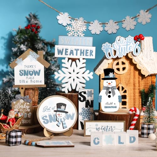 Tatuo 20 Pieces Winter Tiered Tray Decor Snowman and Snowflakes Winter Tiered Tray Decoration Set Wooden Decorations Snowflake Tabletop Decor Wooden Signs - Image 3