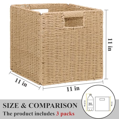 Cazzon Wicker Storage Baskets for Organizing 3 Pack Rustic Foldable Square Basket for Shelves Handwoven Cubby Organizer Bins for Home Decor Small Cube Storage Bin for Closet Organization Natural 11 inch - Image 3