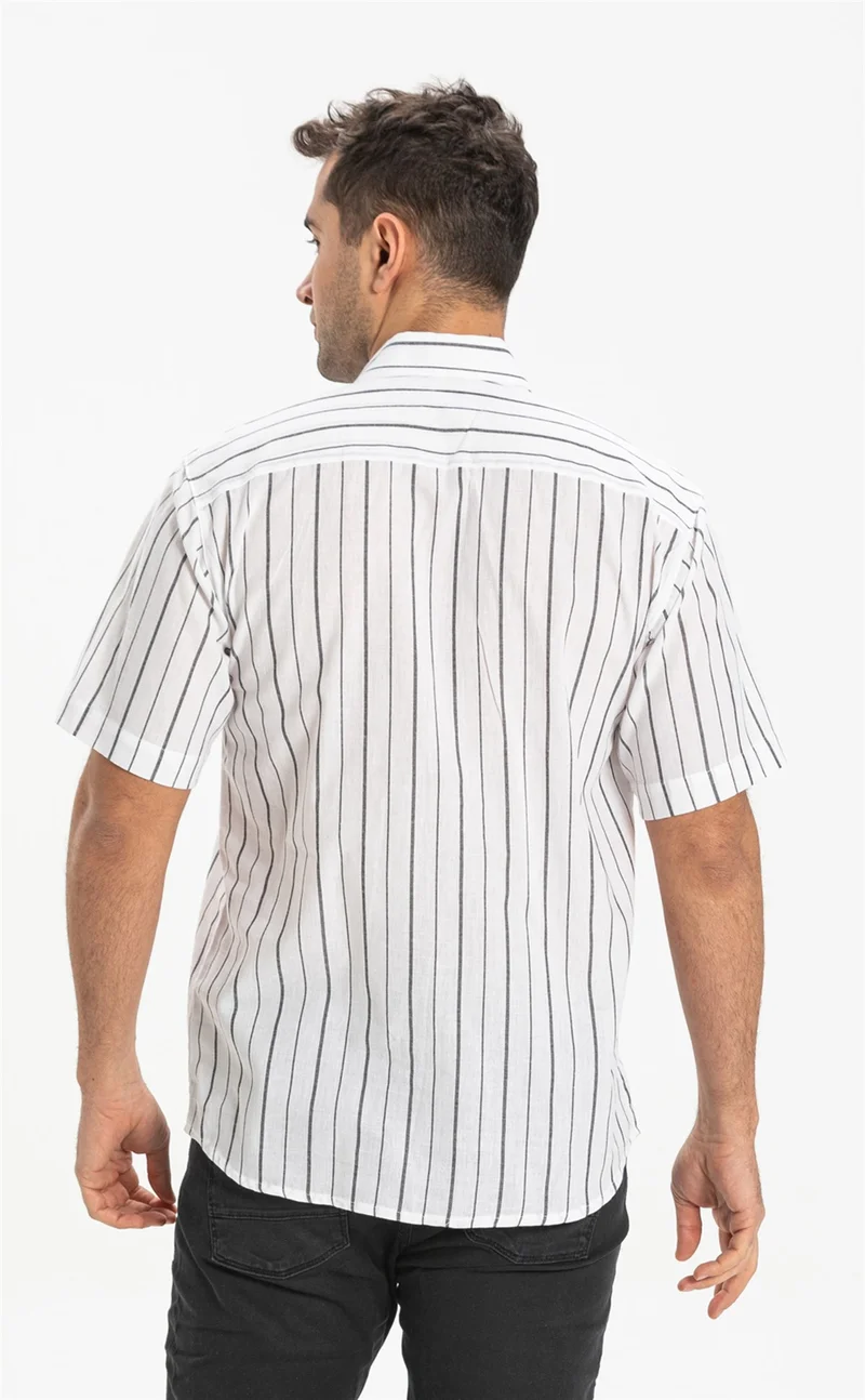 Eliş Şile Bezi Short Sleeve Şile Cloth Single Pocket Men's Shirt White Black Striped 3006