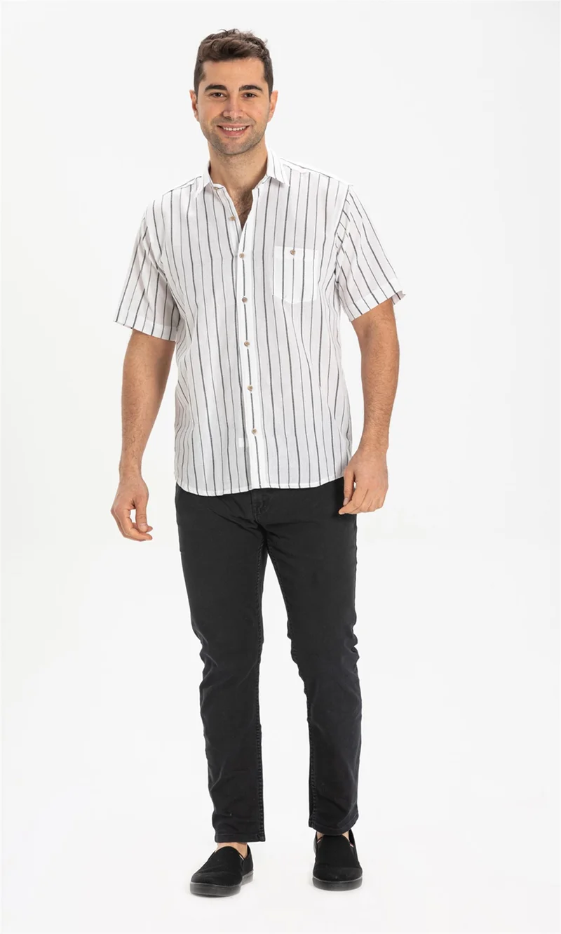 Eliş Şile Bezi Short Sleeve Şile Cloth Single Pocket Men's Shirt White Black Striped 3006