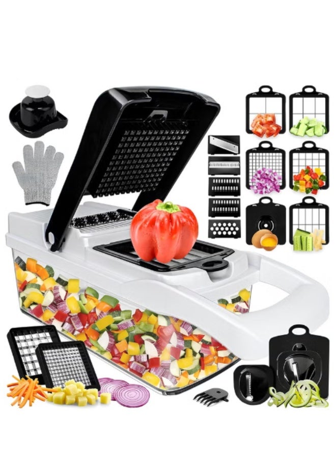 22 in 1 Multifunctional Vegetable Chopper with 12 Blades, Kitchen Veggie Cutter Slicer Grater Spiralizer with Container, Food Dicer for Onion Potato Carrot Egg Cucumber Tomato Garlic