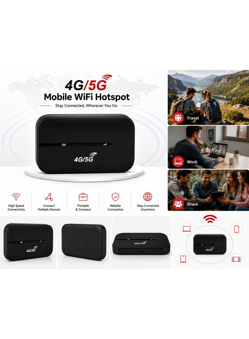جهاز توجيه (راوتر) واي فاي محمول يدعم شبكات 4G/5G - نقطة اتصال متنقلة ببطارية سعة 3000 مللي أمبير، وسرعة تنزيل تصل إلى 150 ميجابت في الثانية، ودعم بطاقة SIM؛ مثالي للسفر والاستخدام المنزلي والمكتبي. - Image 2