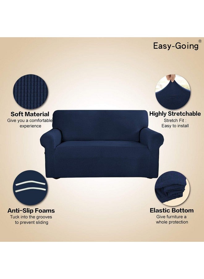 Easy-Going Easy-Going Stretch Loveseat Slipcover 1-Piece Sofa Cover Furniture Protector Couch Soft with Elastic Bottom for Kids Polyester Spandex Jacquard Fabric Small Checks (Loveseat, Navy)  - Image 3