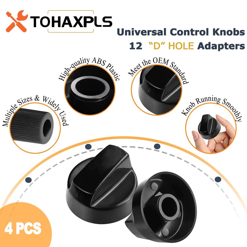 TOHAXPLS 4 Pack Universal Control Knobs Replacement with 12 Adapter Compatible Oven/Stove/Range Universal Knobs Black - Please Focus on Matching knob D-Hole Size - Image 4
