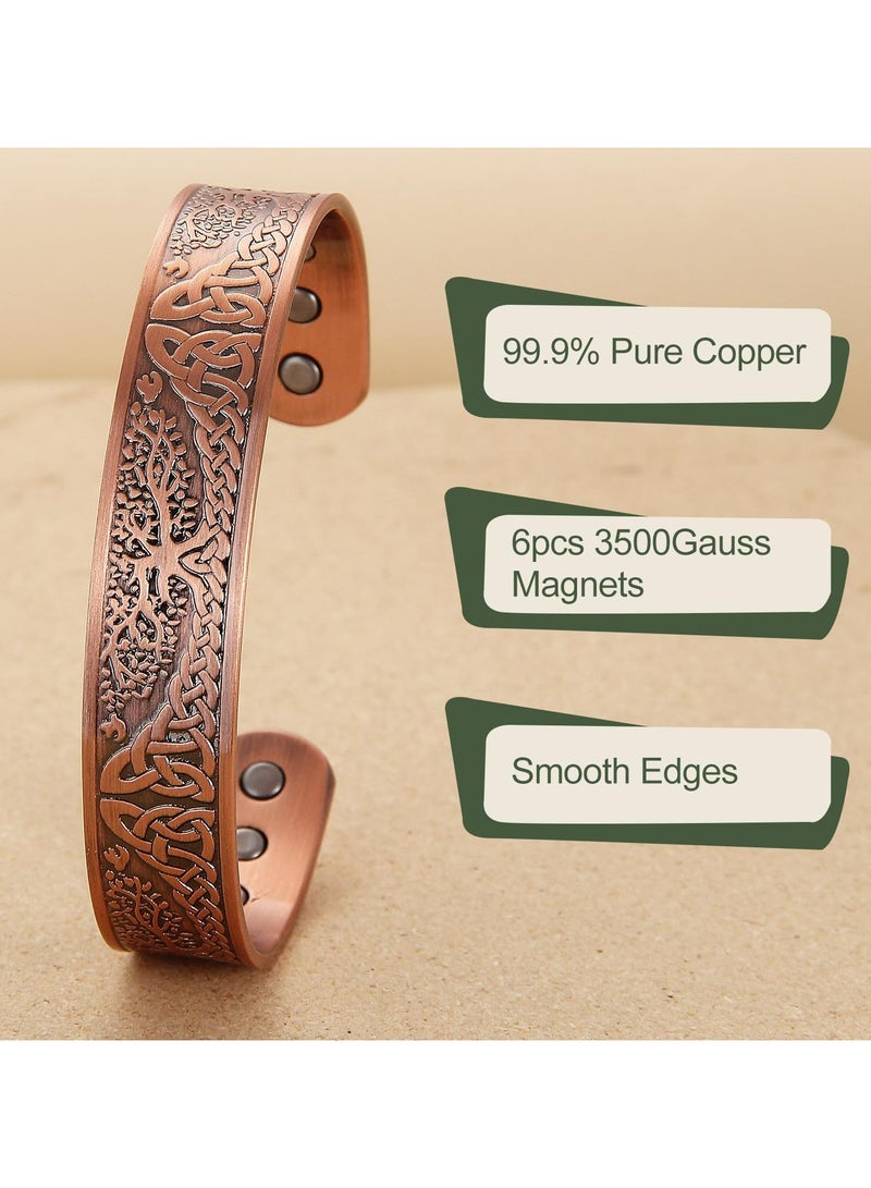 أوزيغالور سوار مغناطيسي من النحاس النقي بنسبة 99.99% نحاس نقي - تصميم شجرة الحياة، سوار سوار قابل للتعديل للرجال والنساء، 7.3 بوصة مجوهرات هدية - Image 3
