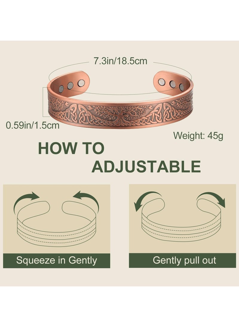 أوزيغالور سوار مغناطيسي من النحاس النقي بنسبة 99.99% نحاس نقي - تصميم شجرة الحياة، سوار سوار قابل للتعديل للرجال والنساء، 7.3 بوصة مجوهرات هدية - Image 2