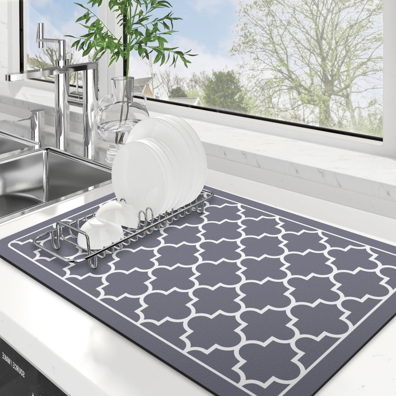WISELIFE Dish Drying Mat Super Absorbent Drying Mat Large Dish Drying Mats for Kitchen Counter Easy Clean Dish Mat Kitchen Drying Mat16"x 24" Stylish Grey - Image 1