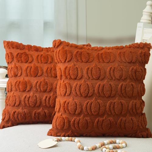 GEEORY Fall Pillow Covers 18 x 18 Inch Set of 2 Fall Decorations Pumpkins Soft Plush Fluffy Faux Fur Wool Decorative Autumn Thanksgiving Farmhouse Cushion Case for Sofa Rust GC00118