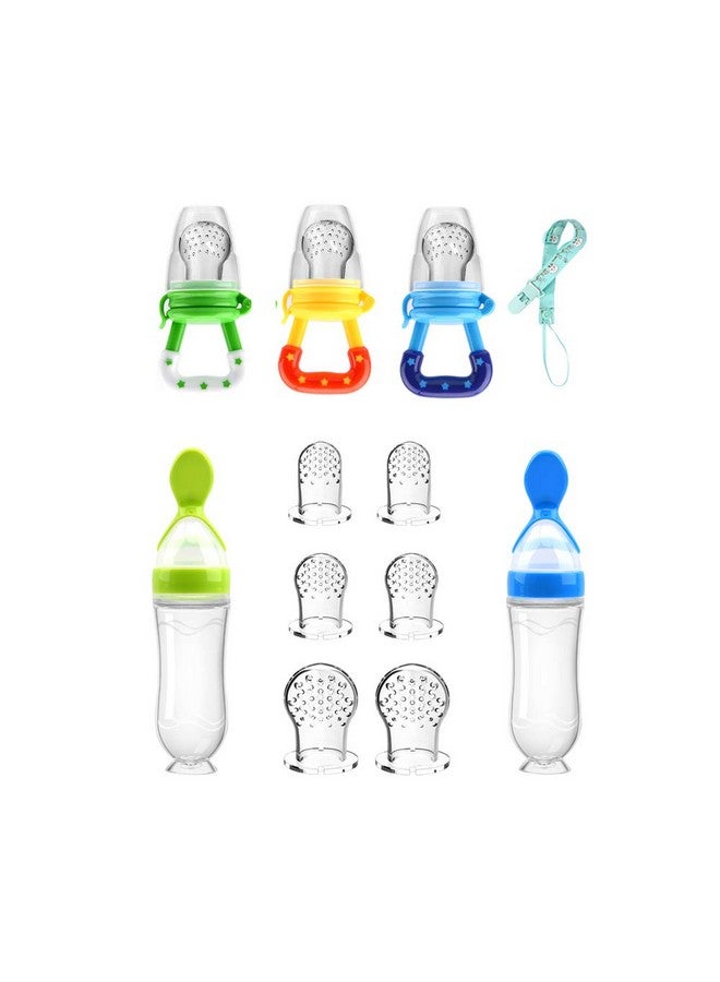 WAJIAYON Food Feeder Baby Fruit Pacifier (3 Pcs) with 6 Different Sized Silicone Pacifiers 2 PCS Dispensing Spoon 90ML Spoons Clip Infant Teething Toy -Blue - Image 1