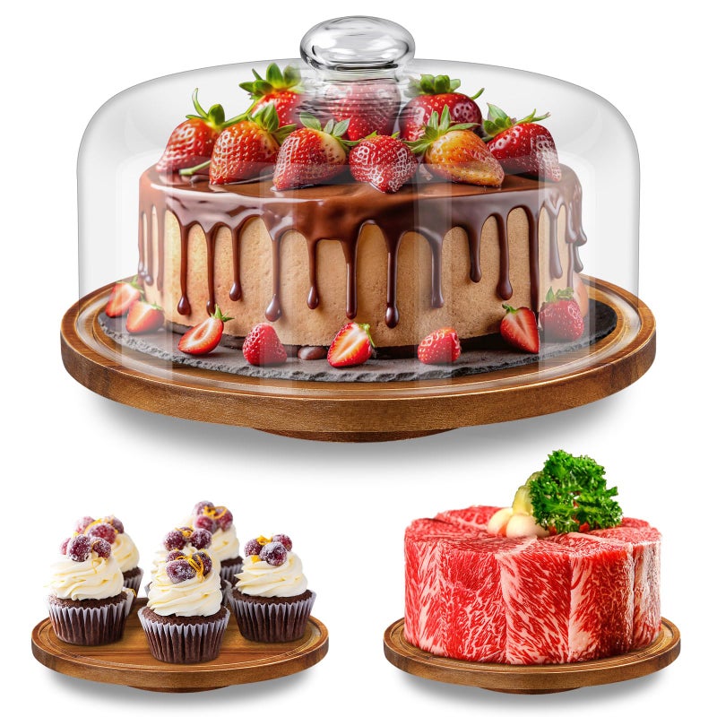 Yangbaga 11IN Wood Cake Stand with Dome Lid, Rotating Cake Stand with Glass Dome- Cake Plate with Cover for Baking Gifts/Birthday Kitchen/Party/Weddings - Image 1
