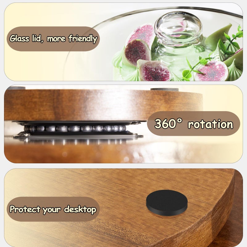 Yangbaga 11IN Wood Cake Stand with Dome Lid, Rotating Cake Stand with Glass Dome- Cake Plate with Cover for Baking Gifts/Birthday Kitchen/Party/Weddings - Image 3