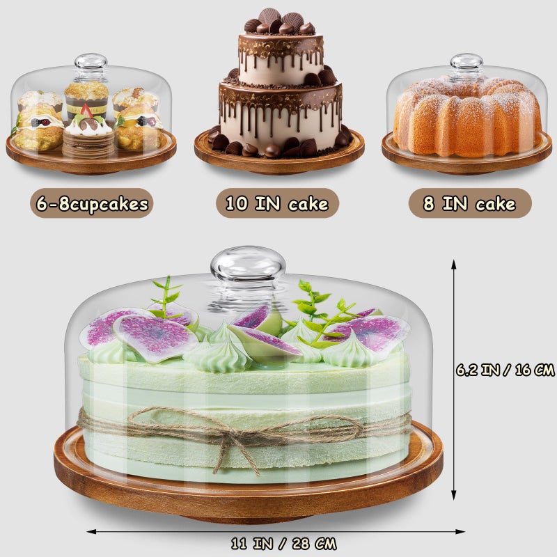 Yangbaga 11IN Wood Cake Stand with Dome Lid, Rotating Cake Stand with Glass Dome- Cake Plate with Cover for Baking Gifts/Birthday Kitchen/Party/Weddings - Image 2