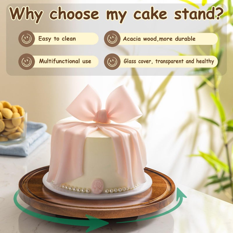 Yangbaga 11IN Wood Cake Stand with Dome Lid, Rotating Cake Stand with Glass Dome- Cake Plate with Cover for Baking Gifts/Birthday Kitchen/Party/Weddings - Image 4