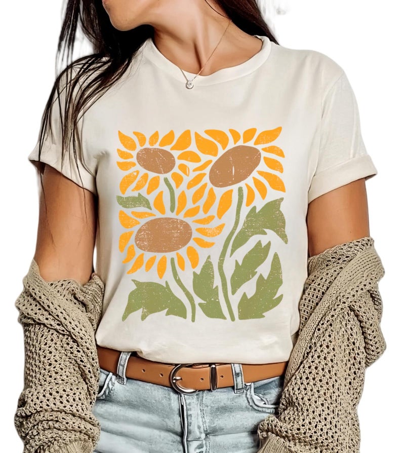 Women Vintage Boho Floral Wildflowers Tshirts Girls Graphic Tees Short Sleeve Tops(M,Beige-1-sunflower)