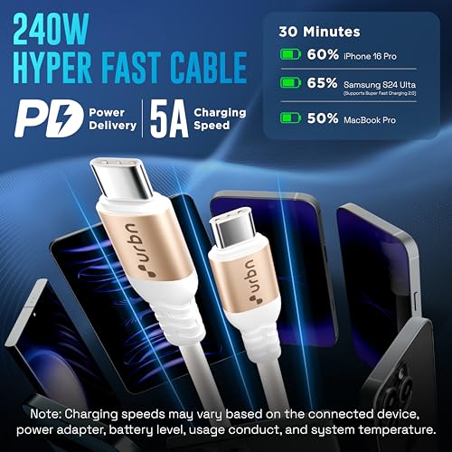 URBN Flex Cord 240W 5Amps Hyper Fast Charging Cable | Type C to C | Supports Apple Car Play & Android Auto| Super Fast Charging and Data Transfer | Silicon Coated 1.2 Meter | 2 Years Warranty (White) - Image 5