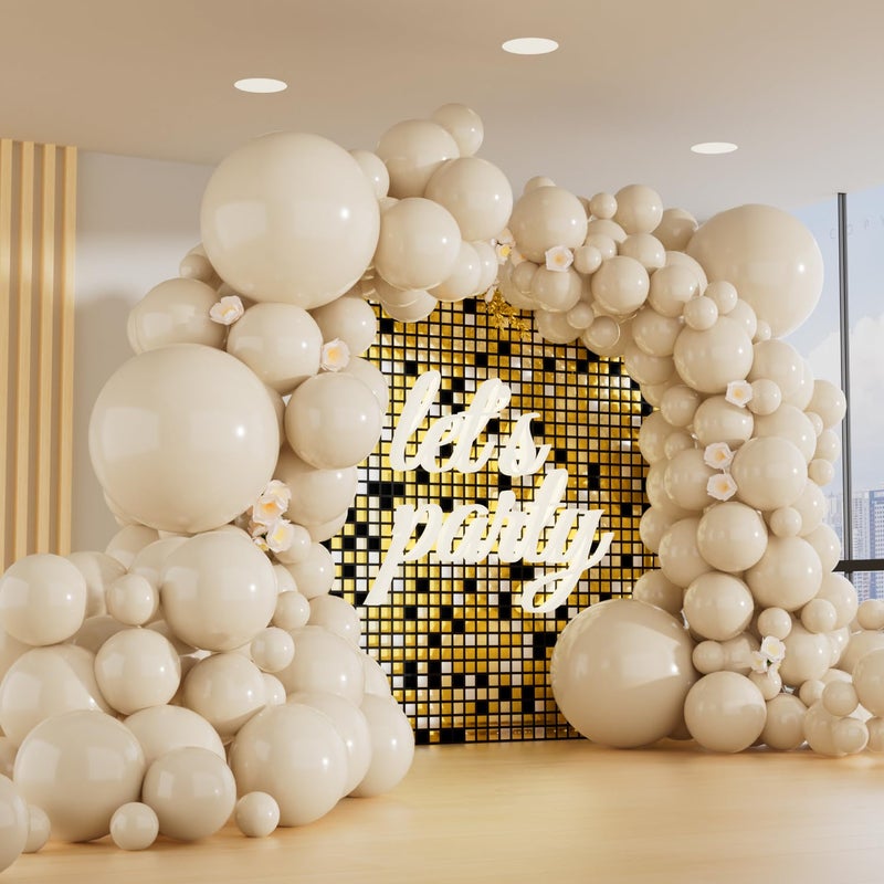 OWPFJG 150pcs Sand White Balloons Different Sizes Pack, 18 12 10 5 Inch Party Balloon Garland Arch Kit Birthday Baby Shower Anniversary Wedding Boho Party Decorations(With 2 Ribbons) - Image 1