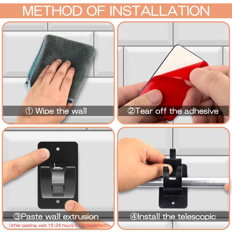 Wabboreq 2 Pieces Self Adhesive Curtain Rod Bracket, Universal Plastic Curtain Rod Holders, No Drill Curtain Rod Brackets Curtain Rod Hooks for Bathroom, Bedroom, Livingroom, Kitchen (Black) - Image 4