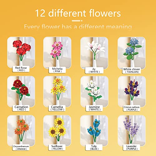 SIENON Flower Bouquet Building Blocks Set-1064PCS, 12 Kinds of Flowers Botanical Collection, Assorted Flowers Brick Toys Creative Project for Home Room Decoration Valentines’ Day Christmas Birthday - Image 3