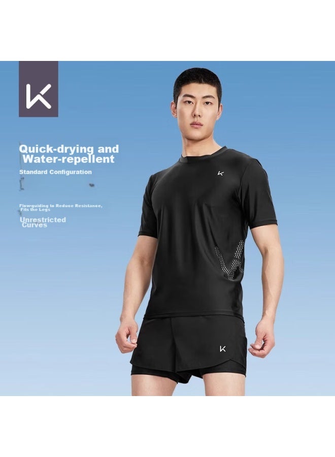 Keep Men's Short-sleeve Swimsuit, Quick-dry, Anti-embarrassment, Professional Hot Spring Surfing Suit, Swimming Gear, Black, Xxl - Image 1