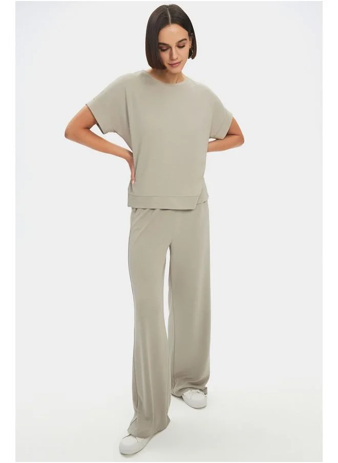 JUNE June Viscose Blend Tshirt Trouser Set Beige