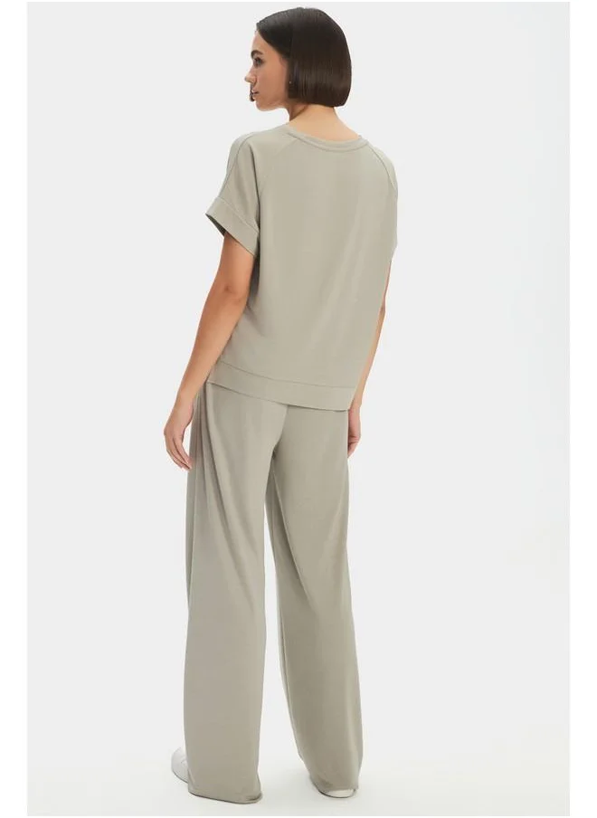 JUNE June Viscose Blend Tshirt Trouser Set Beige