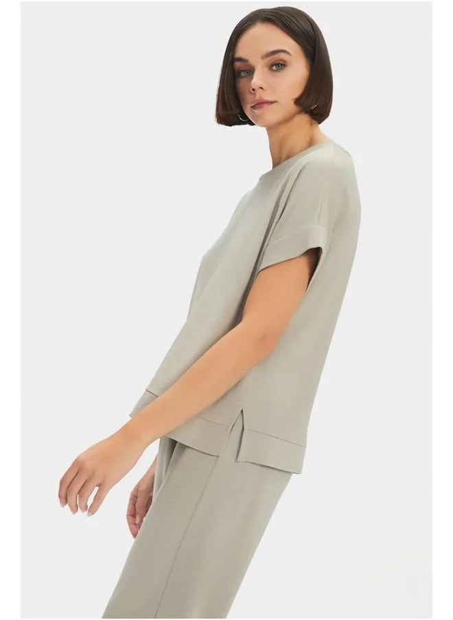 JUNE June Viscose Blend Tshirt Trouser Set Beige