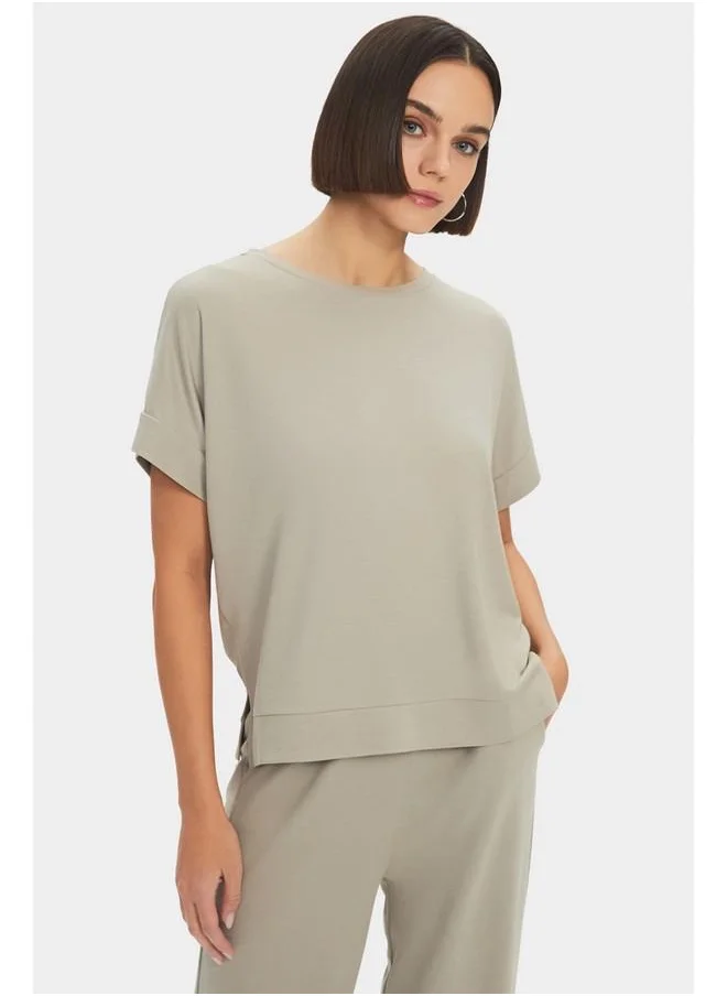JUNE June Viscose Blend Tshirt Trouser Set Beige