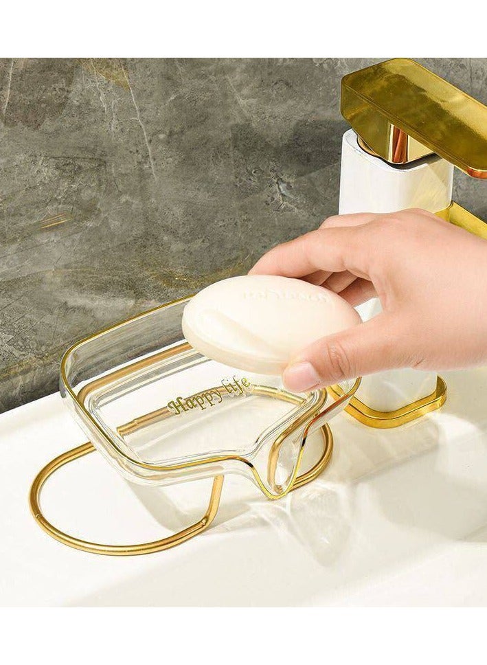 هاوس داي حامل صابون ذاتي التصريف من صبانة غير مثقوبة وسهلة التنظيف مع حامل معدني ذهبي مناسبة لحوض الاستحمام والحمام اللون ذاتي بقاعدة ذهبية - Image 1