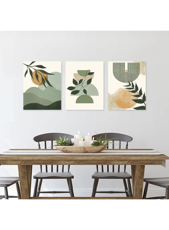 يوڠام مجموعة من 3 لوحات حائط بوهيمية خضراء، مطبوعات قماشية مؤطرة بتصاميم أوراق شجر وشمس وجبال مع خطوط هندسية تجريدية، ديكور عصري من منتصف القرن وبوهيمية نوردية لغرفة المعيشة - Image 2