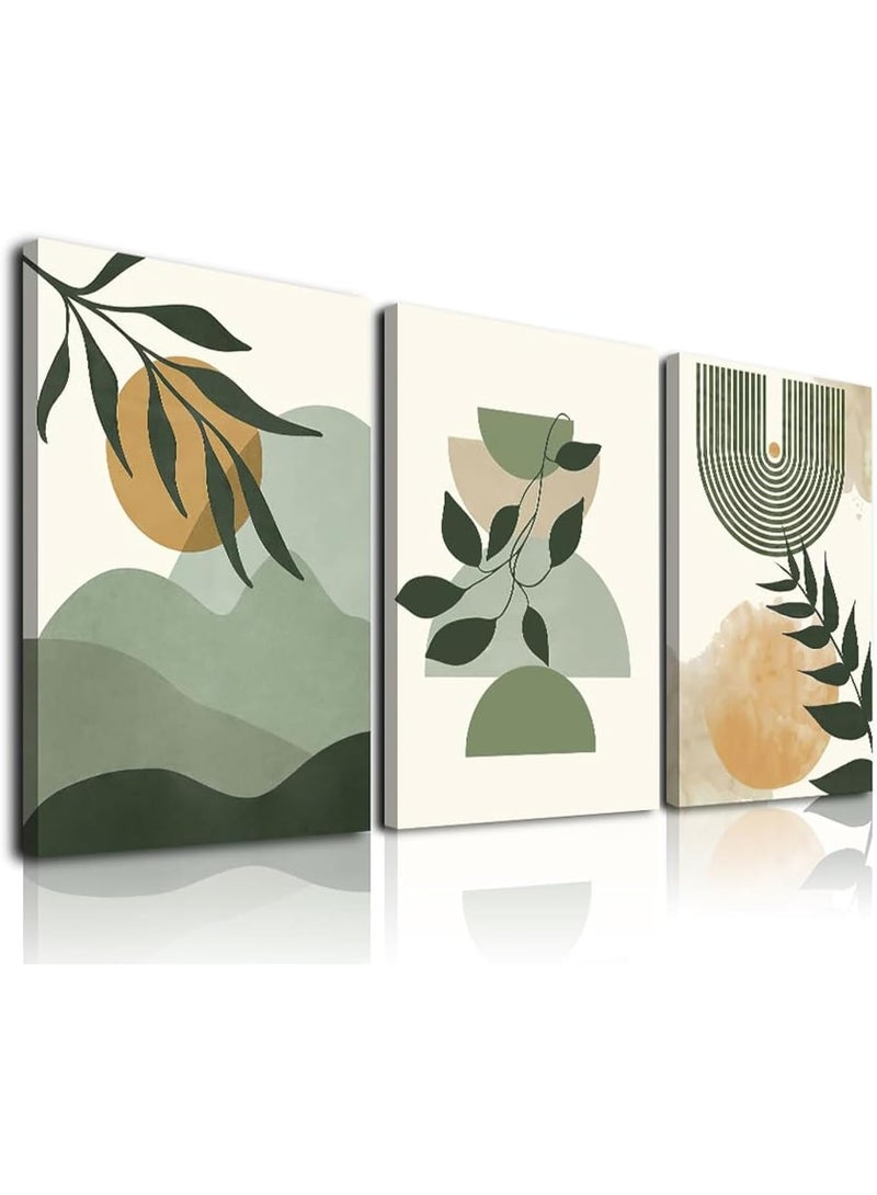 يوڠام مجموعة من 3 لوحات حائط بوهيمية خضراء، مطبوعات قماشية مؤطرة بتصاميم أوراق شجر وشمس وجبال مع خطوط هندسية تجريدية، ديكور عصري من منتصف القرن وبوهيمية نوردية لغرفة المعيشة - Image 1