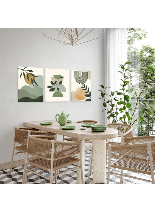 يوڠام مجموعة من 3 لوحات حائط بوهيمية خضراء، مطبوعات قماشية مؤطرة بتصاميم أوراق شجر وشمس وجبال مع خطوط هندسية تجريدية، ديكور عصري من منتصف القرن وبوهيمية نوردية لغرفة المعيشة - Image 3