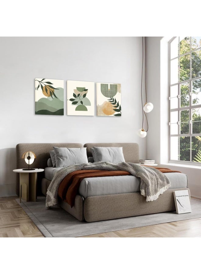 يوڠام مجموعة من 3 لوحات حائط بوهيمية خضراء، مطبوعات قماشية مؤطرة بتصاميم أوراق شجر وشمس وجبال مع خطوط هندسية تجريدية، ديكور عصري من منتصف القرن وبوهيمية نوردية لغرفة المعيشة - Image 4