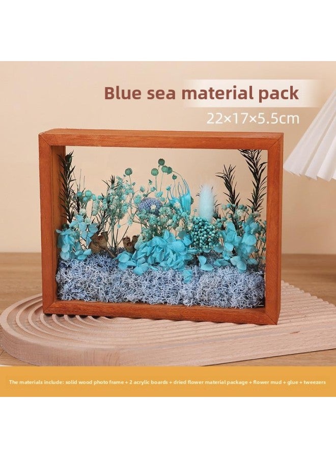 DIY Handmade Dried Flower Photo Frame Eternal Flower Solid Wood Picture Frame Stereo Hollow Double-Sided Acrylic Display Box Set Table-Colour:22*17* 5.5-8inch Material Package Blue Ocean