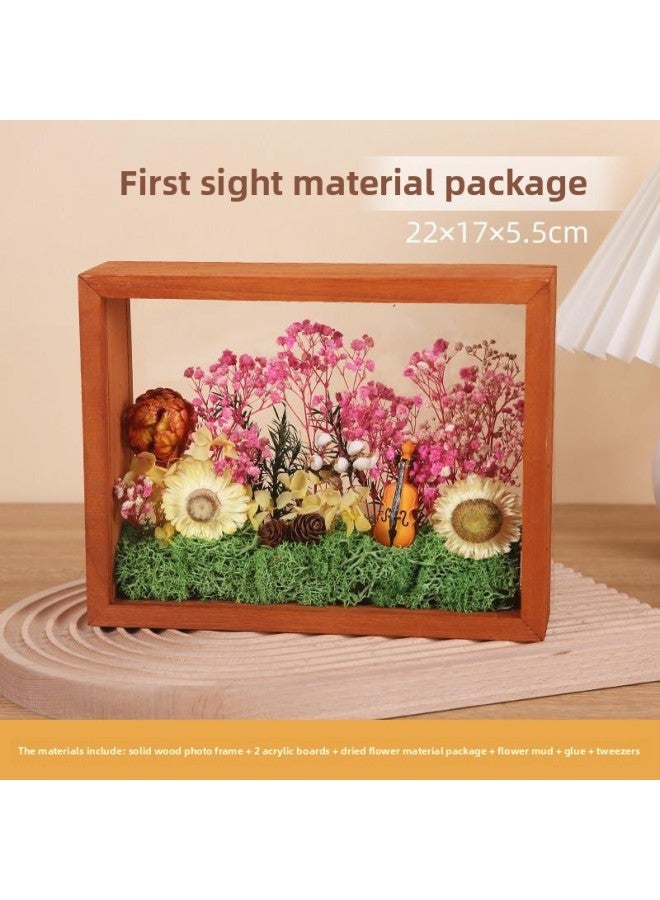 DIY Handmade Dried Flower Photo Frame Eternal Flower Solid Wood Picture Frame Stereo Hollow Double-Sided Acrylic Display Box Set Table-Colour:22*17* 5.5-8inch Material Package Blue Ocean