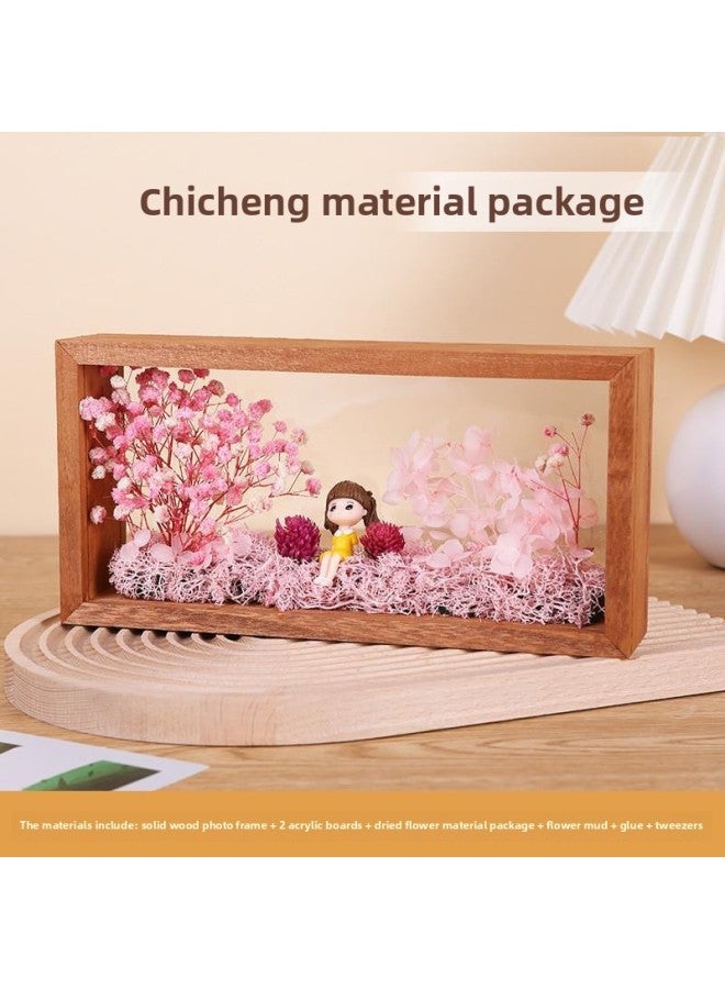 DIY Handmade Dried Flower Photo Frame Eternal Flower Solid Wood Picture Frame Stereo Hollow Double-Sided Acrylic Display Box Set Table-Colour:22*17* 5.5-8inch Material Package Blue Ocean