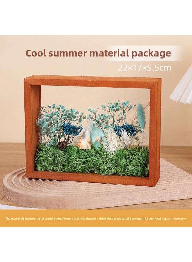 DIY Handmade Dried Flower Photo Frame Eternal Flower Solid Wood Picture Frame Stereo Hollow Double-Sided Acrylic Display Box Set Table-Colour:22*17* 5.5-8inch Material Package Blue Ocean