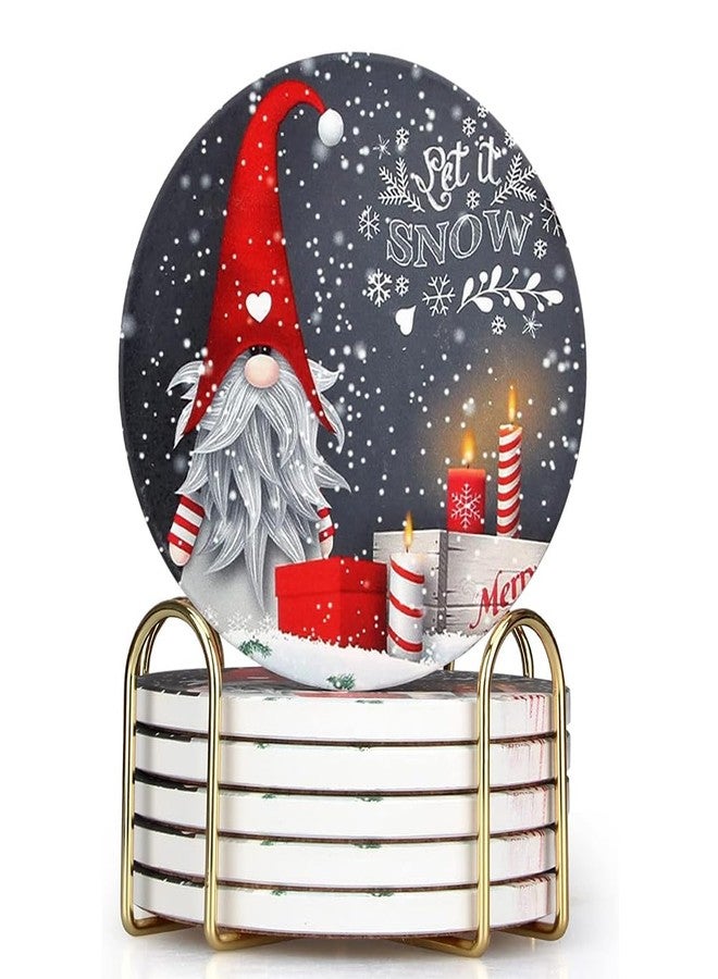 Deceram 6 Pack Ceramic Christmas Coasters Gift Cute Cool Coaster Set with Holder Xmas Drink Coasters for Christmas Coffee Table Funny Coasters Snowman Gnome Desk Bar Kitchen Accessories - Image 1