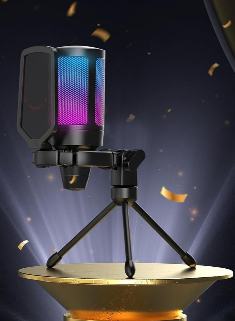 Arabest Gaming USB Microphone for PC PS5, Condenser Mic with Quick Mute, RGB Indicator, Tripod Stand, Pop Filter, Shock Mount, Gain Control for Streaming Discord Twitch Podcasts Videos - Image 2