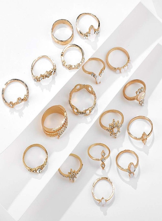 Aimimier 17 Pcs Bohemian Stackable Joint Knuckle Ring Set Crystal Opal Genstone Sun Star Finger Ring Diamond-studded Midi Rings for Women - Image 4