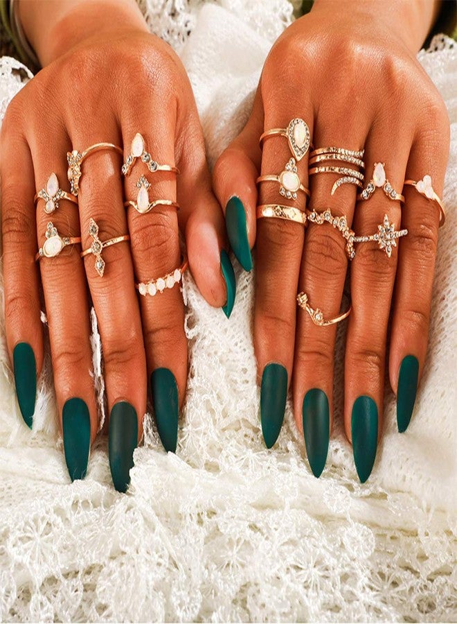 Aimimier 17 Pcs Bohemian Stackable Joint Knuckle Ring Set Crystal Opal Genstone Sun Star Finger Ring Diamond-studded Midi Rings for Women - Image 2