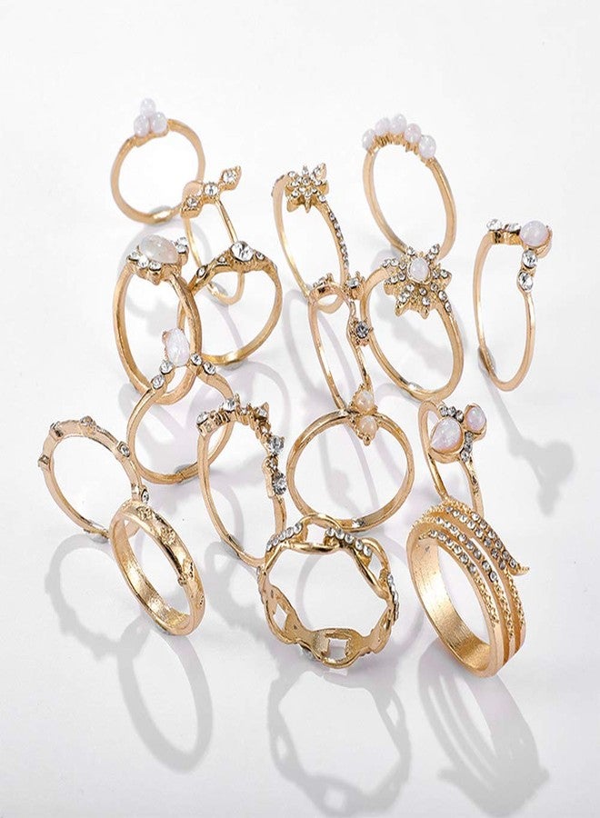Aimimier 17 Pcs Bohemian Stackable Joint Knuckle Ring Set Crystal Opal Genstone Sun Star Finger Ring Diamond-studded Midi Rings for Women - Image 3