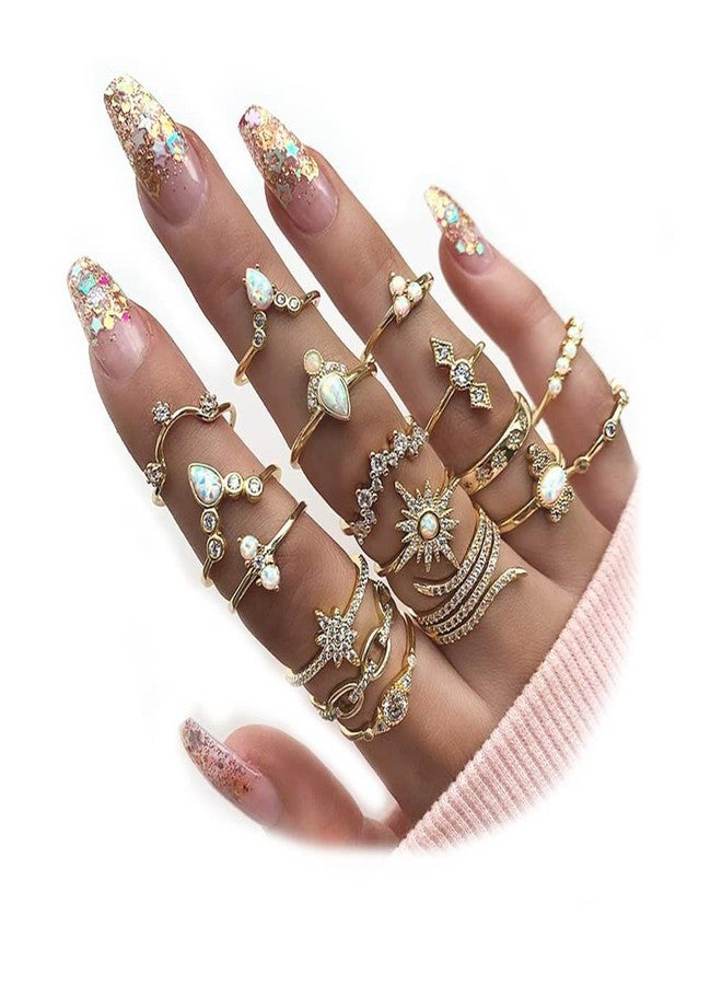 Aimimier 17 Pcs Bohemian Stackable Joint Knuckle Ring Set Crystal Opal Genstone Sun Star Finger Ring Diamond-studded Midi Rings for Women - Image 1