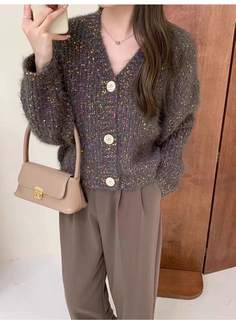 Generic - Autumn Winter Knitted Open Shirt Women Fashion Long Sleeve Coat Thick Wool Short Style Vintage Korean Casual Style Brown - Image 1
