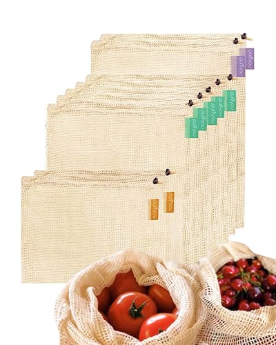 purifyou Set of 9 Reusable Organic Cotton Produce Bags – Heavy Duty Double-Stitched Mesh, Unbleached, Drawstring Closure – 2 XL (12x20), 5 L (12x14), 2 S (12x8) - Image 1