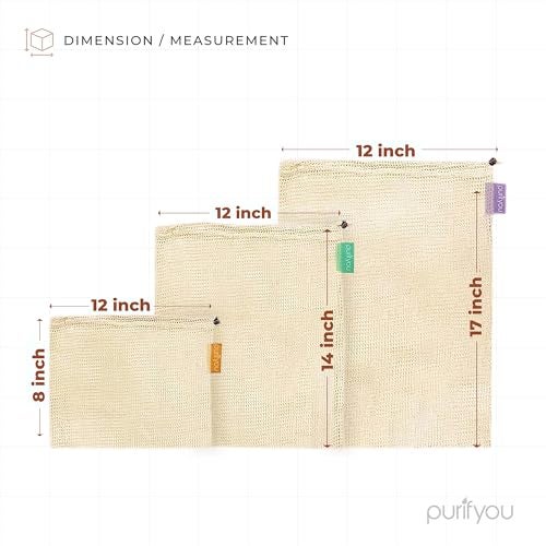 purifyou Set of 9 Reusable Organic Cotton Produce Bags – Heavy Duty Double-Stitched Mesh, Unbleached, Drawstring Closure – 2 XL (12x20), 5 L (12x14), 2 S (12x8) - Image 2