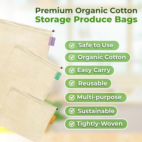 purifyou Set of 9 Reusable Organic Cotton Produce Bags – Heavy Duty Double-Stitched Mesh, Unbleached, Drawstring Closure – 2 XL (12x20), 5 L (12x14), 2 S (12x8) - Image 3