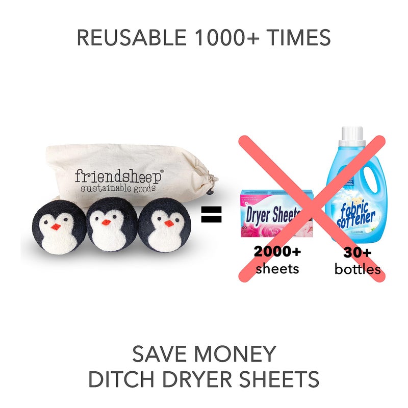 Friendsheep Wool Dryer Balls, Organic Reusable Fabric Softener Alternative for Laundry, Handmade, Fair Trade, Hypoallergenic, Eco-Friendly, Plastic-Free (3 Pack XL â€“ Penguin) - Image 3