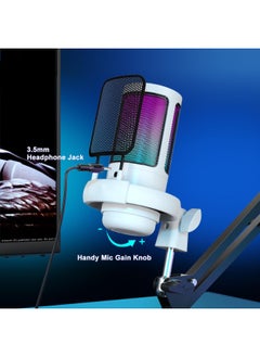 FlashHawk Gaming PC USB Microphone,Podcast Condenser Mic with Boom Arm,Pop Filter,Mute Button for Streaming,Online Chat, RGB Computer Mic for PS4/5 PC Gamer Youtuber - White  - Image 5