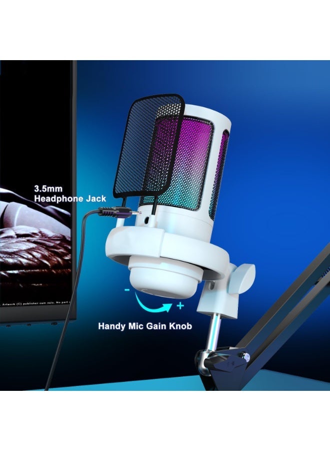 FlashHawk RGB Gaming Microphone | Adjustable Boom Arm | USB/Type-C Condenser Microphone | Pop Filter & Mute Button | PS4/5/PC/Mobile | 2.5m Cable & Active Noise Cancellation, White - Image 5