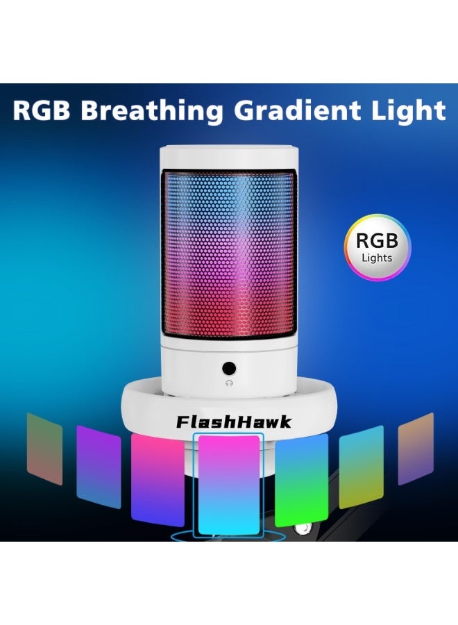 FlashHawk RGB Gaming Microphone | Adjustable Boom Arm | USB/Type-C Condenser Microphone | Pop Filter & Mute Button | PS4/5/PC/Mobile | 2.5m Cable & Active Noise Cancellation, White - Image 3